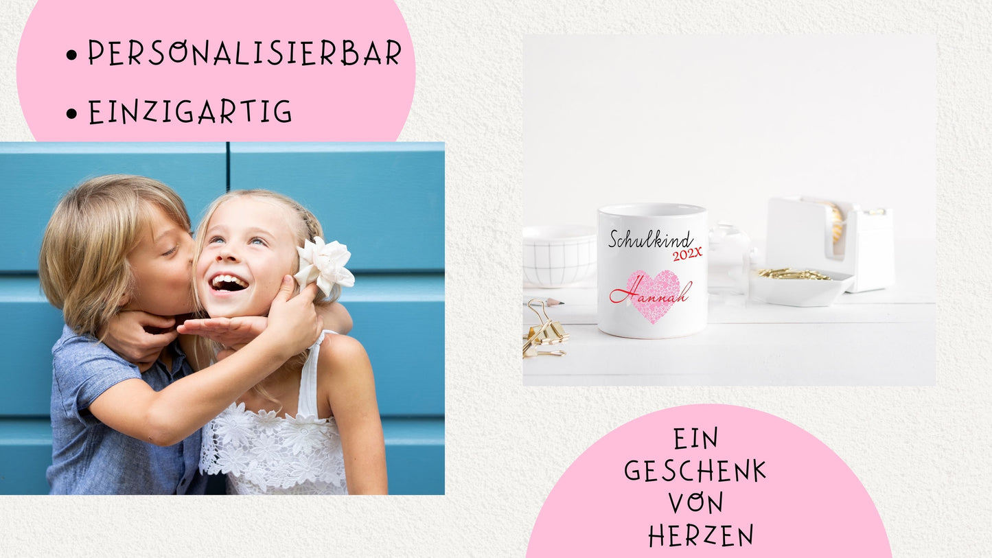 Schulkind 2025 - Geschenk Tasse Einschulung personalisiert für Mädchen - Namenstasse mit Wunschnamen
