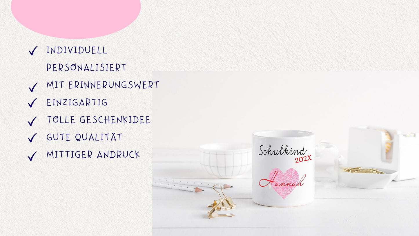 Schulkind 2025 - Geschenk Tasse Einschulung personalisiert für Mädchen - Namenstasse mit Wunschnamen
