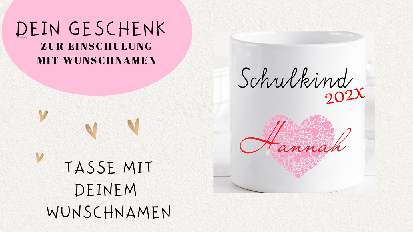 Schulkind 2025 - Geschenk Tasse Einschulung personalisiert für Mädchen - Namenstasse mit Wunschnamen