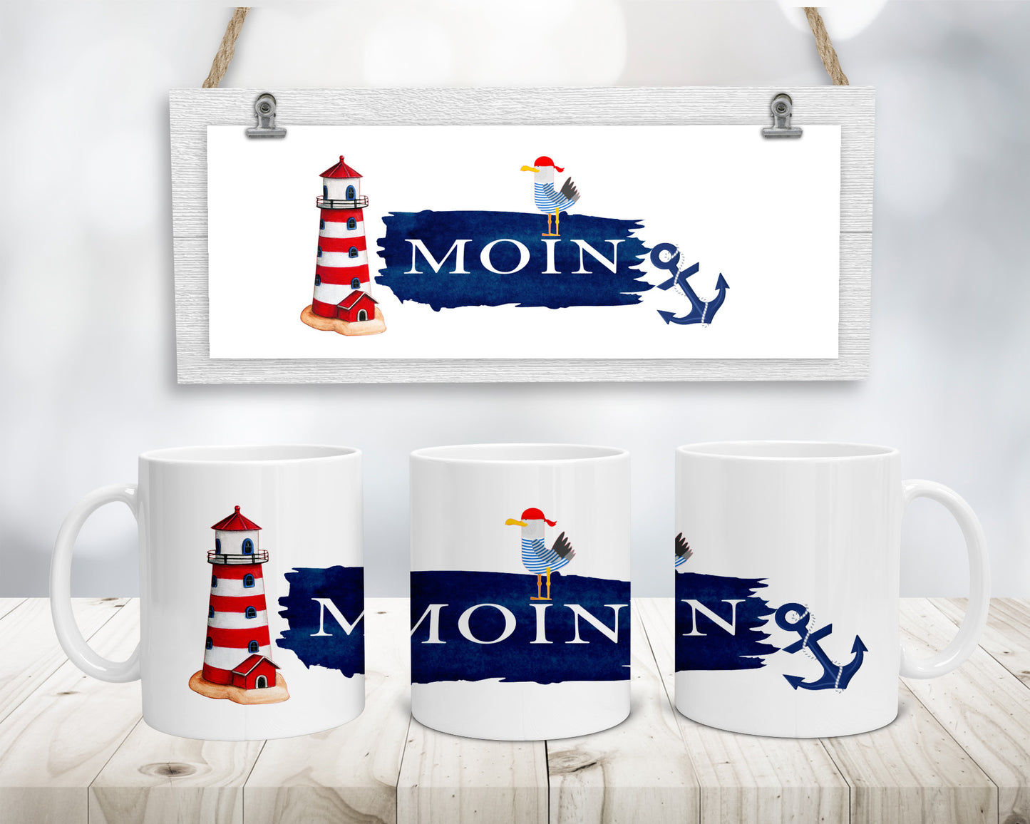 Tasse „Moin“ mit Leuchtturm und Möwe