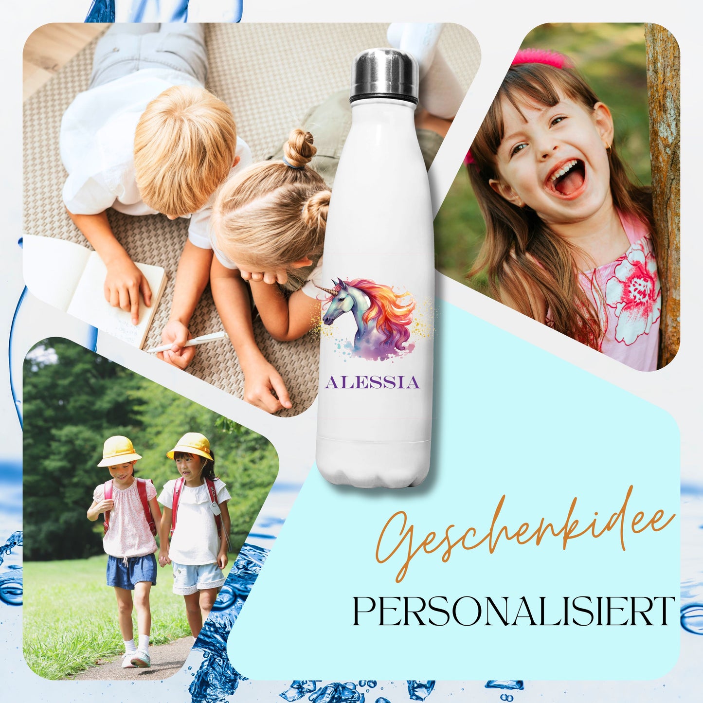 Personalisierte Trinkflasche mit Wunschmotiv – Geschenk zur Einschulung für Mädchen – Thermoflasche Kinder 500ml