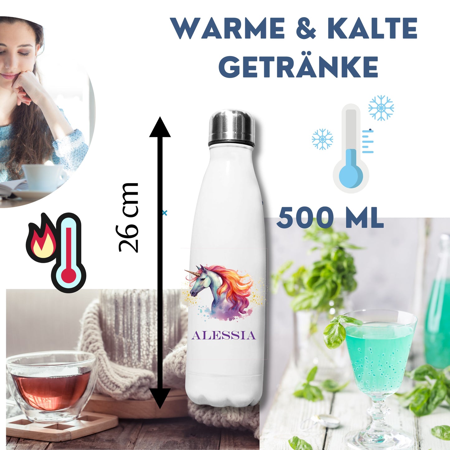 Personalisierte Trinkflasche mit Wunschmotiv – Geschenk zur Einschulung für Mädchen – Thermoflasche Kinder 500ml