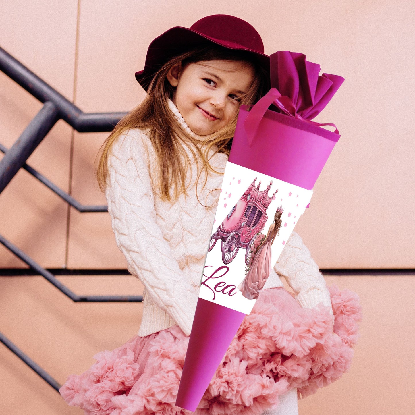 Schultüte für Mädchen personalisiert mit Namen - Prinzessin Motiv - Deine Zuckertüte als Geschenk zur Einschulung - Fertig 70 cm groß pink - NEU