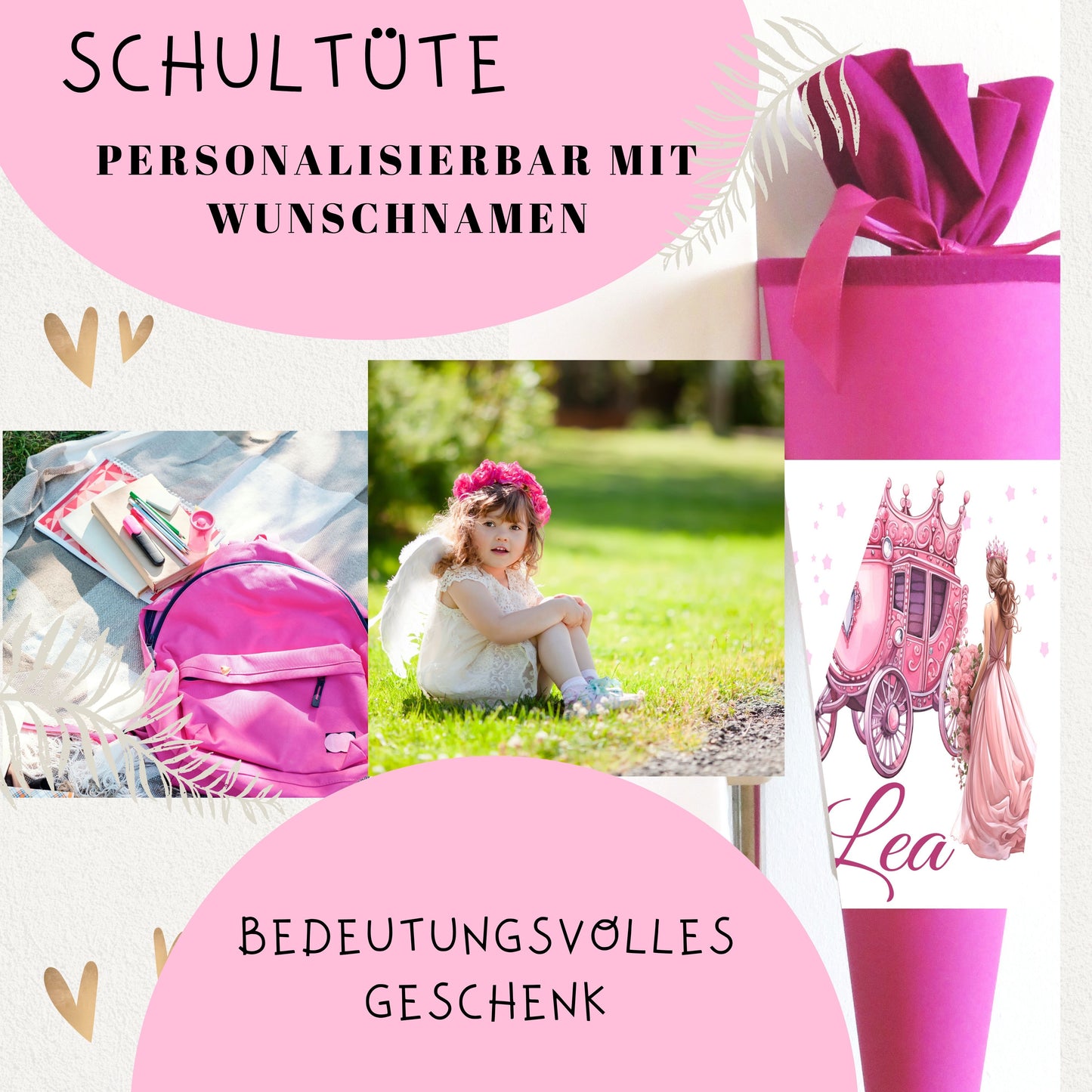 Schultüte für Mädchen personalisiert mit Namen - Prinzessin Motiv - Deine Zuckertüte als Geschenk zur Einschulung - Fertig 70 cm groß pink - NEU
