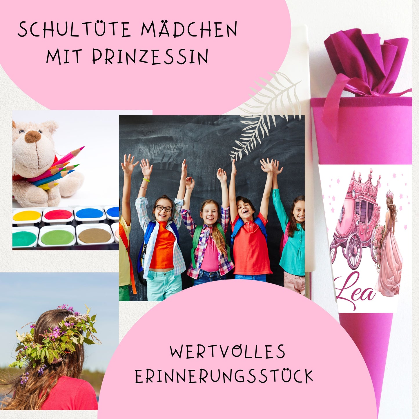 Schultüte für Mädchen personalisiert mit Namen - Prinzessin Motiv - Deine Zuckertüte als Geschenk zur Einschulung - Fertig 70 cm groß pink - NEU