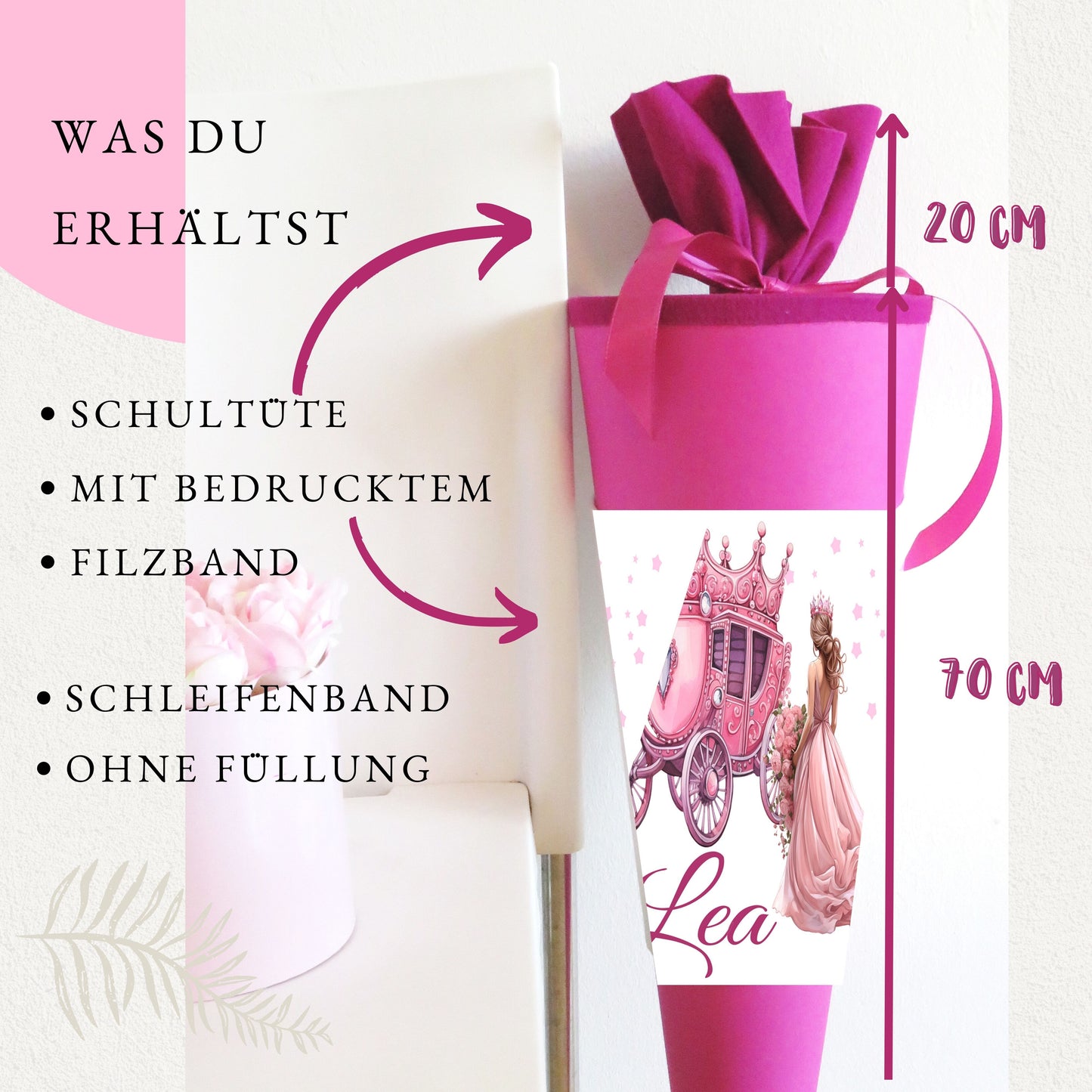 Schultüte für Mädchen personalisiert mit Namen - Prinzessin Motiv - Deine Zuckertüte als Geschenk zur Einschulung - Fertig 70 cm groß pink - NEU