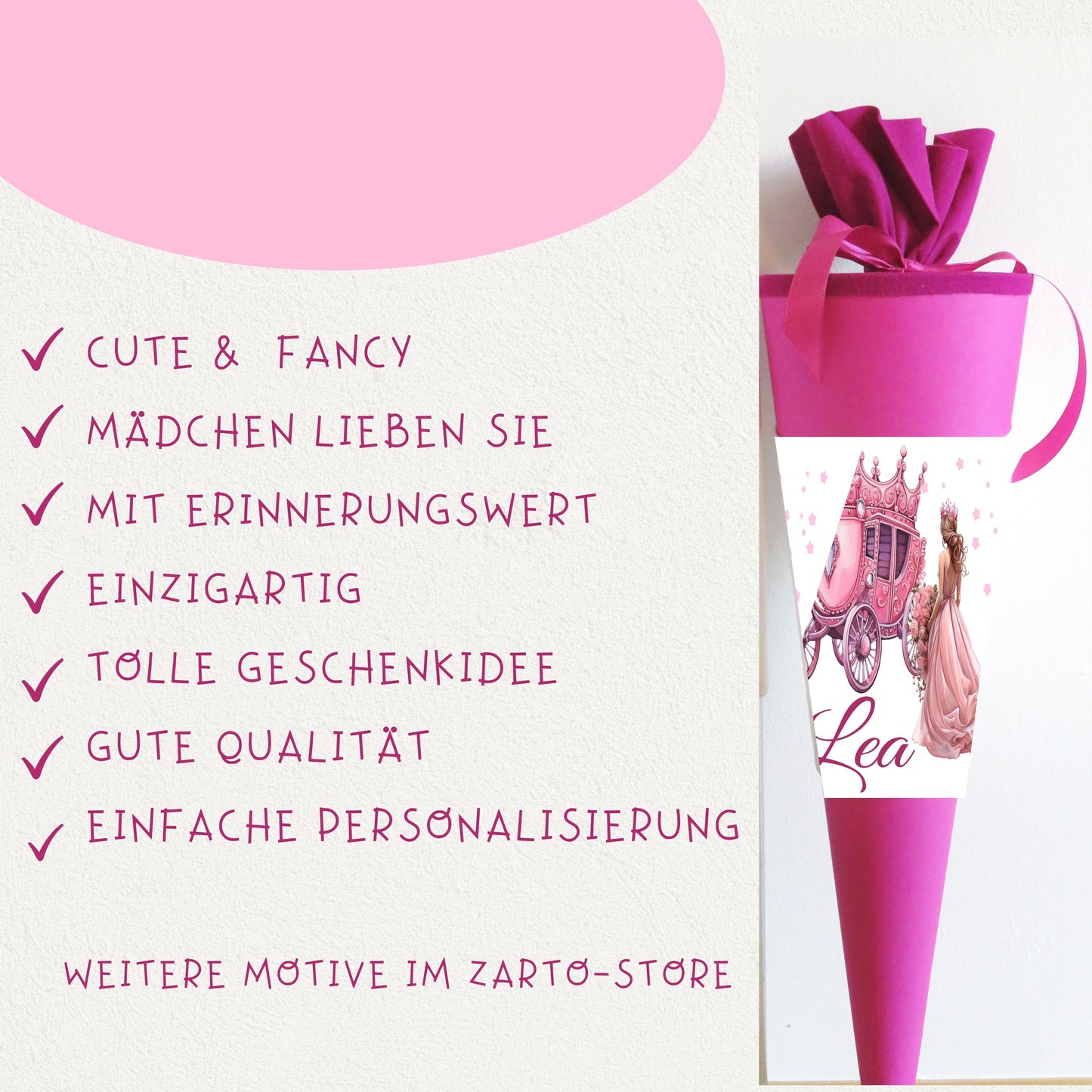 Schultüte für Mädchen personalisiert mit Namen - Prinzessin Motiv - Deine Zuckertüte als Geschenk zur Einschulung - Fertig 70 cm groß pink - NEU