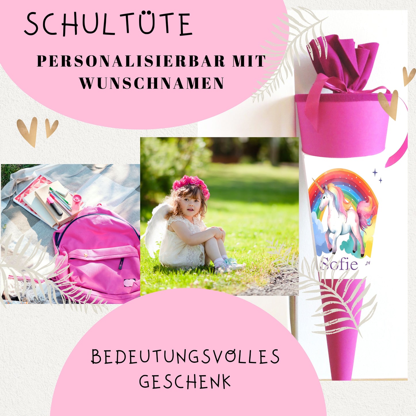 Schultüte für Mädchen mit Einhorn/Regenbogen personalisiert mit Namen - 70 cm groß pink - NEU