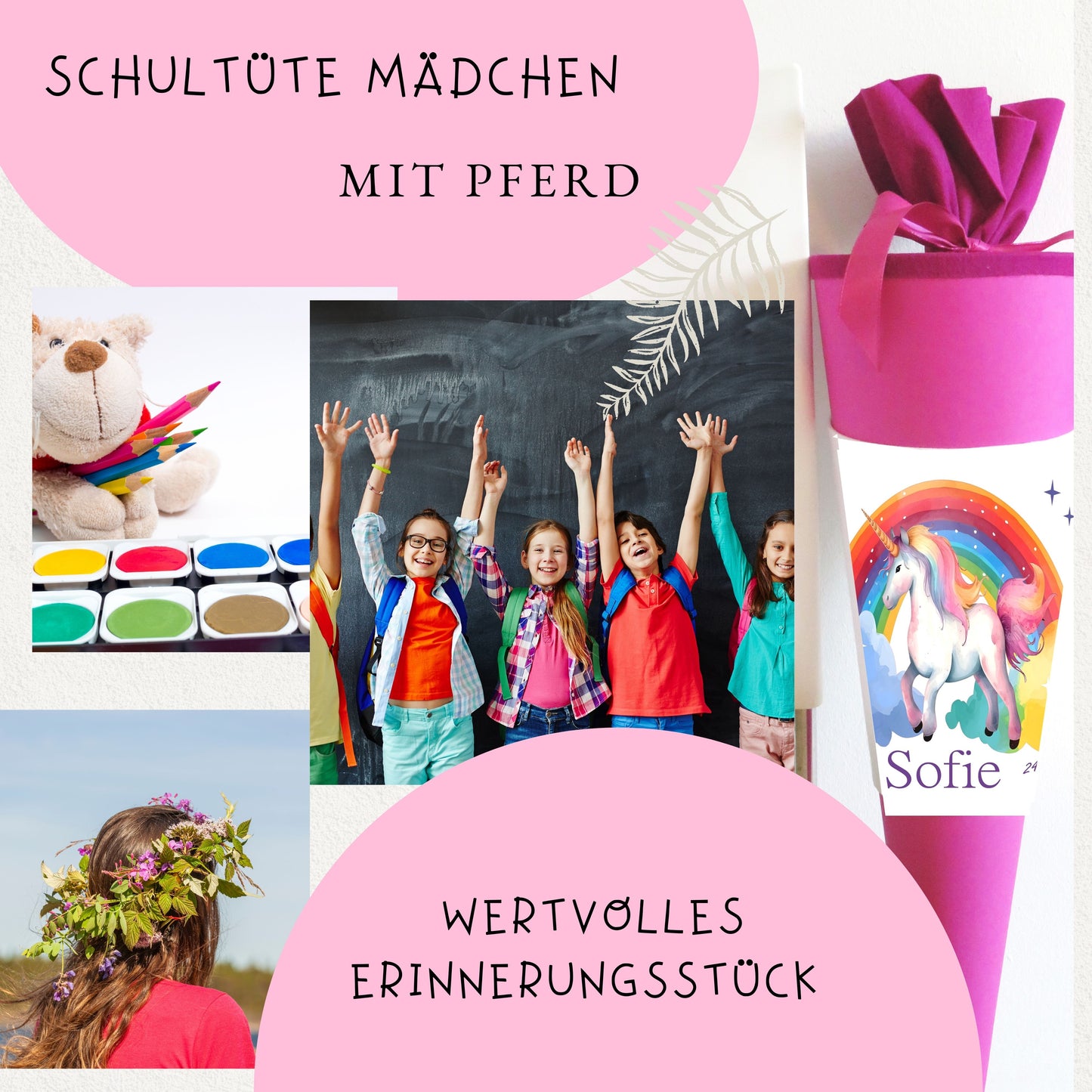 Schultüte für Mädchen mit Einhorn/Regenbogen personalisiert mit Namen - 70 cm groß pink - NEU