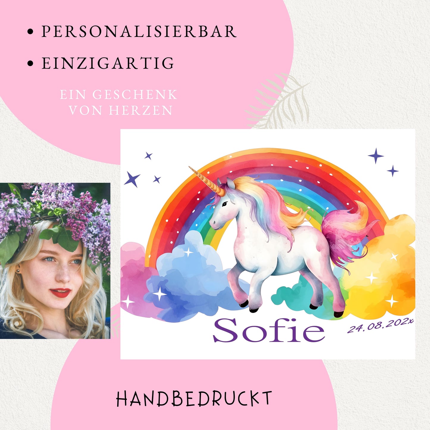 Schultüte für Mädchen mit Einhorn/Regenbogen personalisiert mit Namen - 70 cm groß pink - NEU