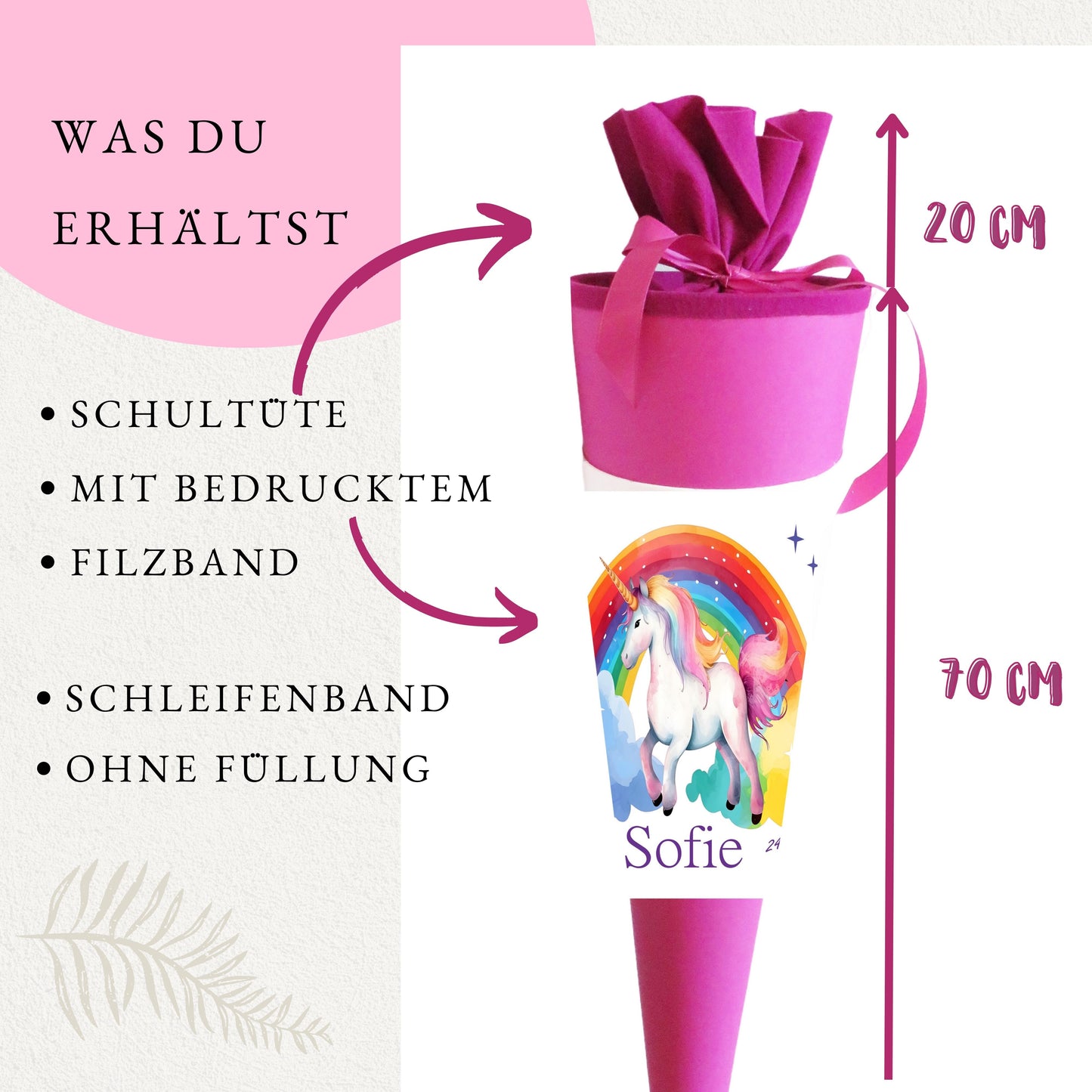 Schultüte für Mädchen mit Einhorn/Regenbogen personalisiert mit Namen - 70 cm groß pink - NEU