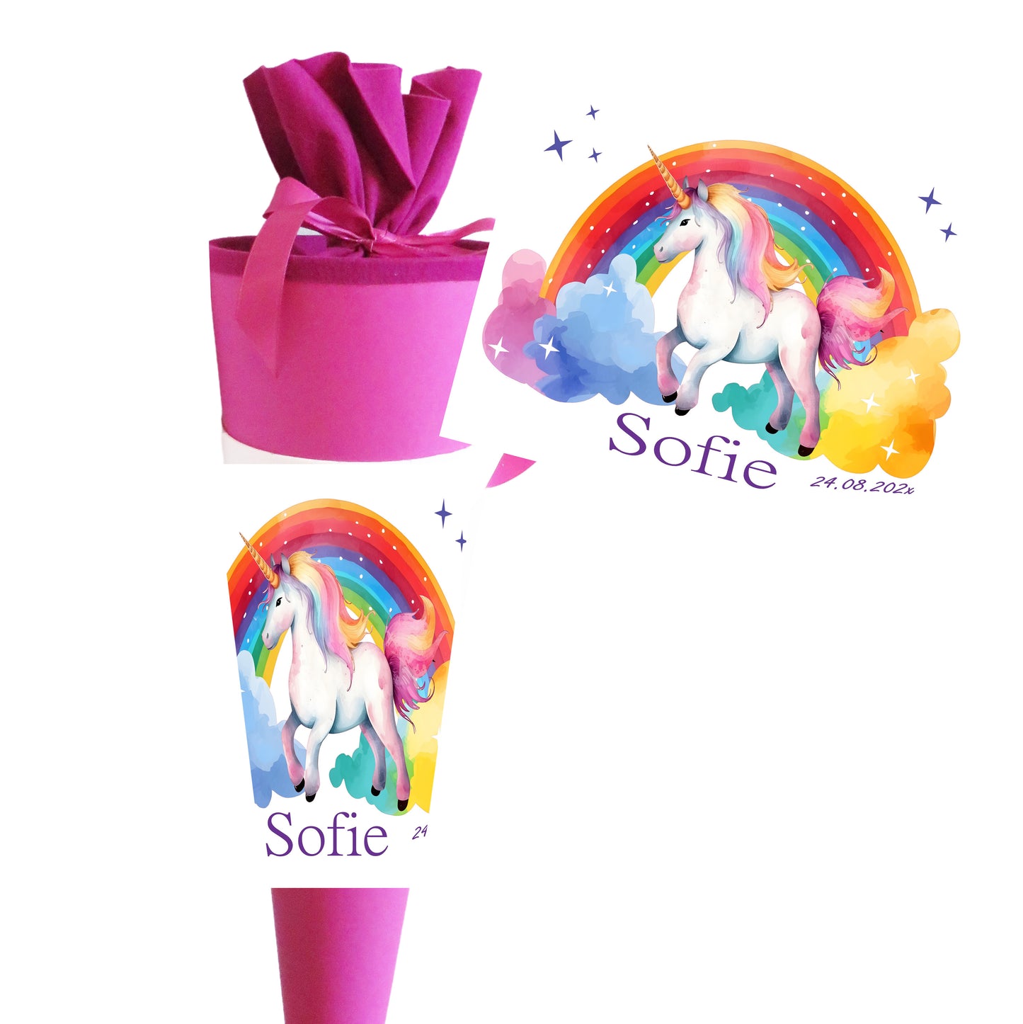 Schultüte für Mädchen mit Einhorn/Regenbogen personalisiert mit Namen - 70 cm groß pink - NEU