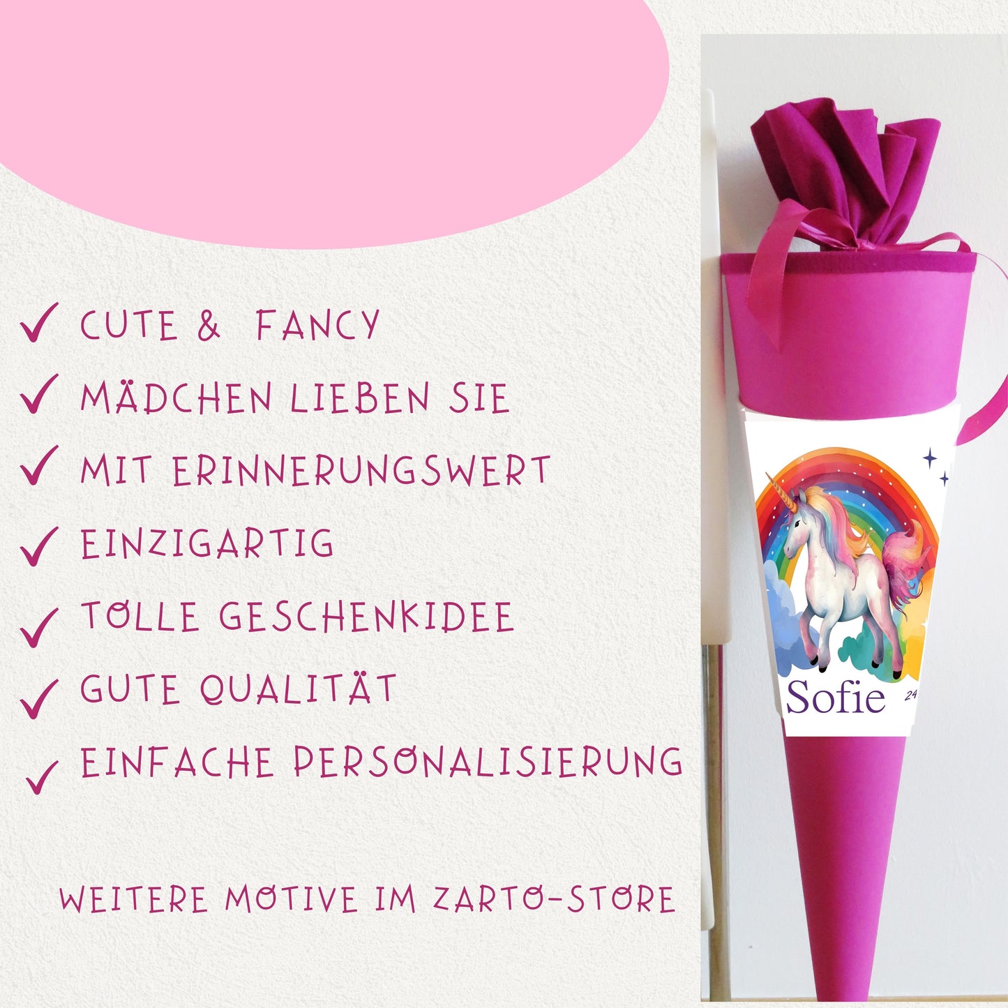 Schultüte für Mädchen mit Einhorn/Regenbogen personalisiert mit Namen - 70 cm groß pink - NEU