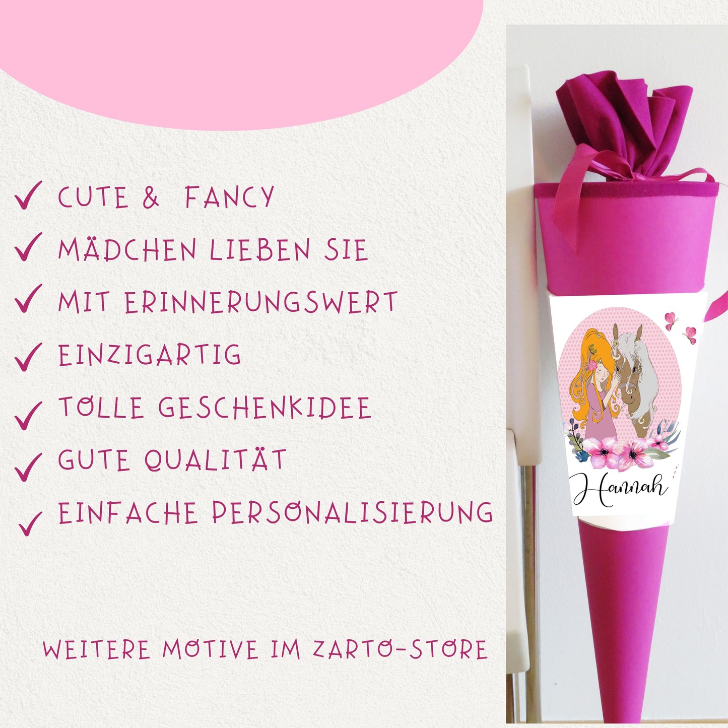 Schultüte für Mädchen personalisiert mit Namen/Pferde Motiv