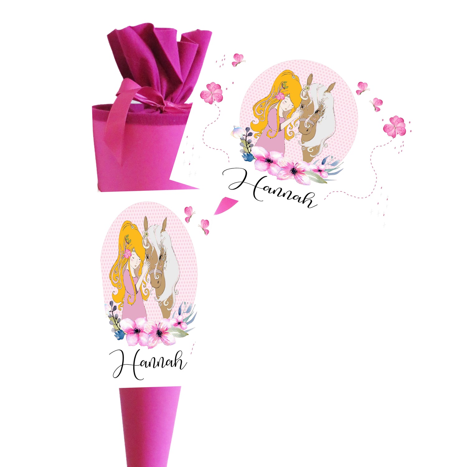 Schultüte für Mädchen personalisiert mit Namen/Pferde Motiv