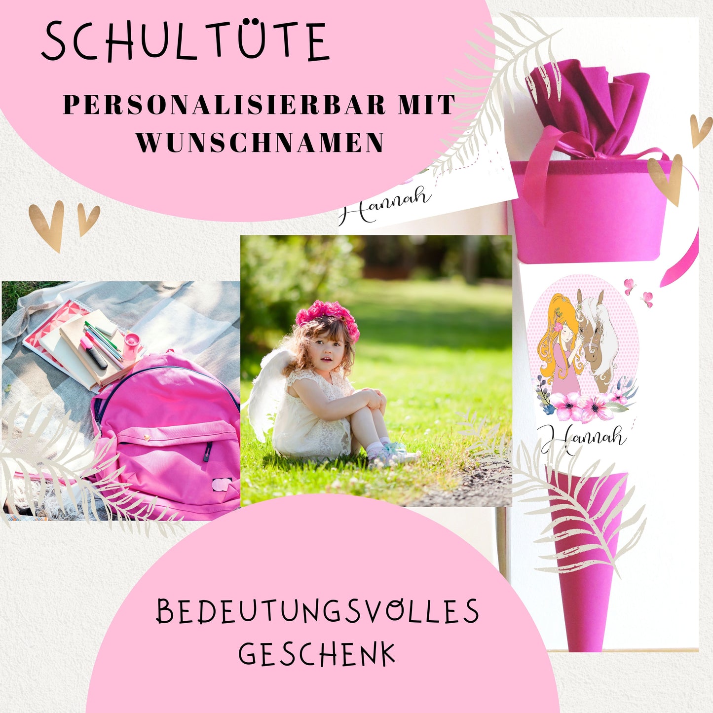 Schultüte für Mädchen personalisiert mit Namen/Pferde Motiv