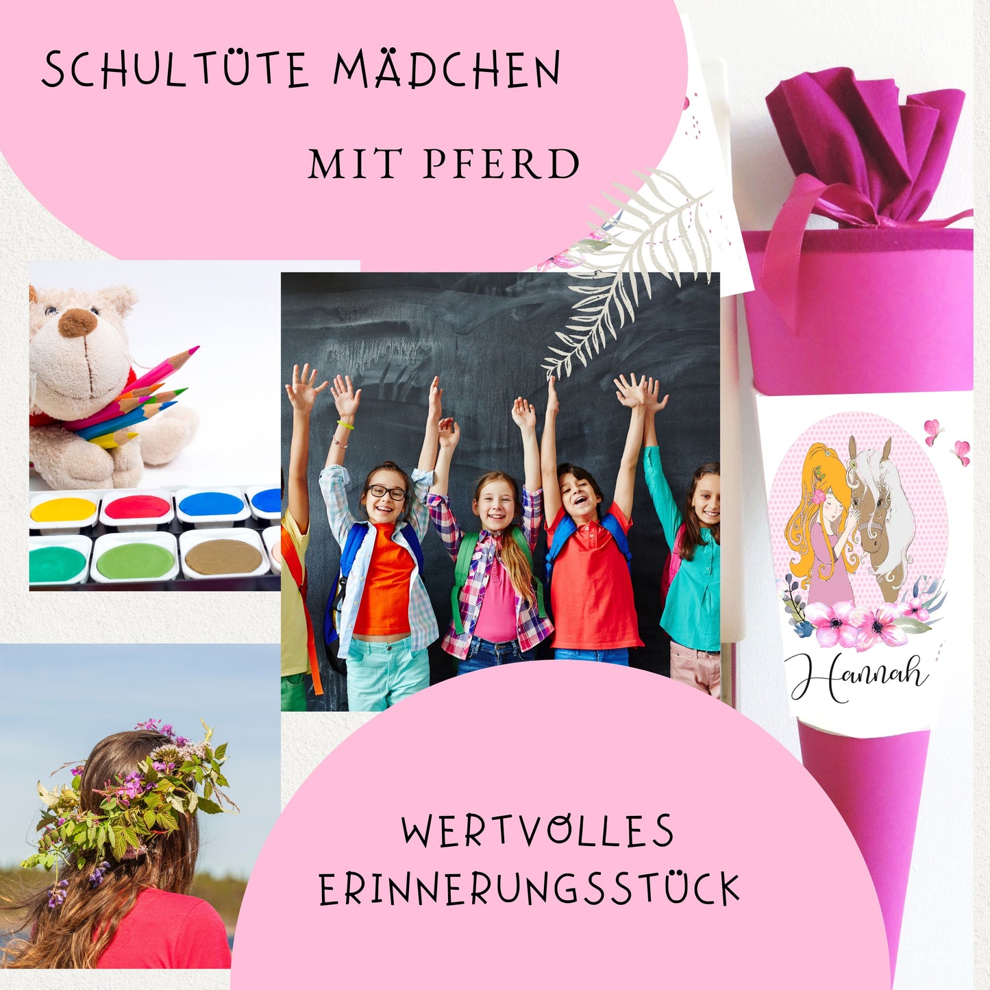 Schultüte für Mädchen personalisiert mit Namen/Pferde Motiv