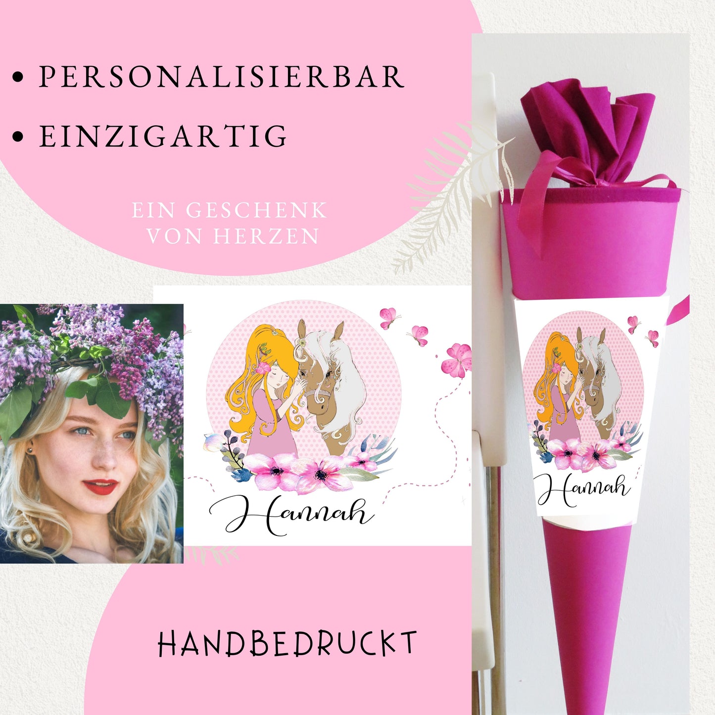 Schultüte für Mädchen personalisiert mit Namen/Pferde Motiv