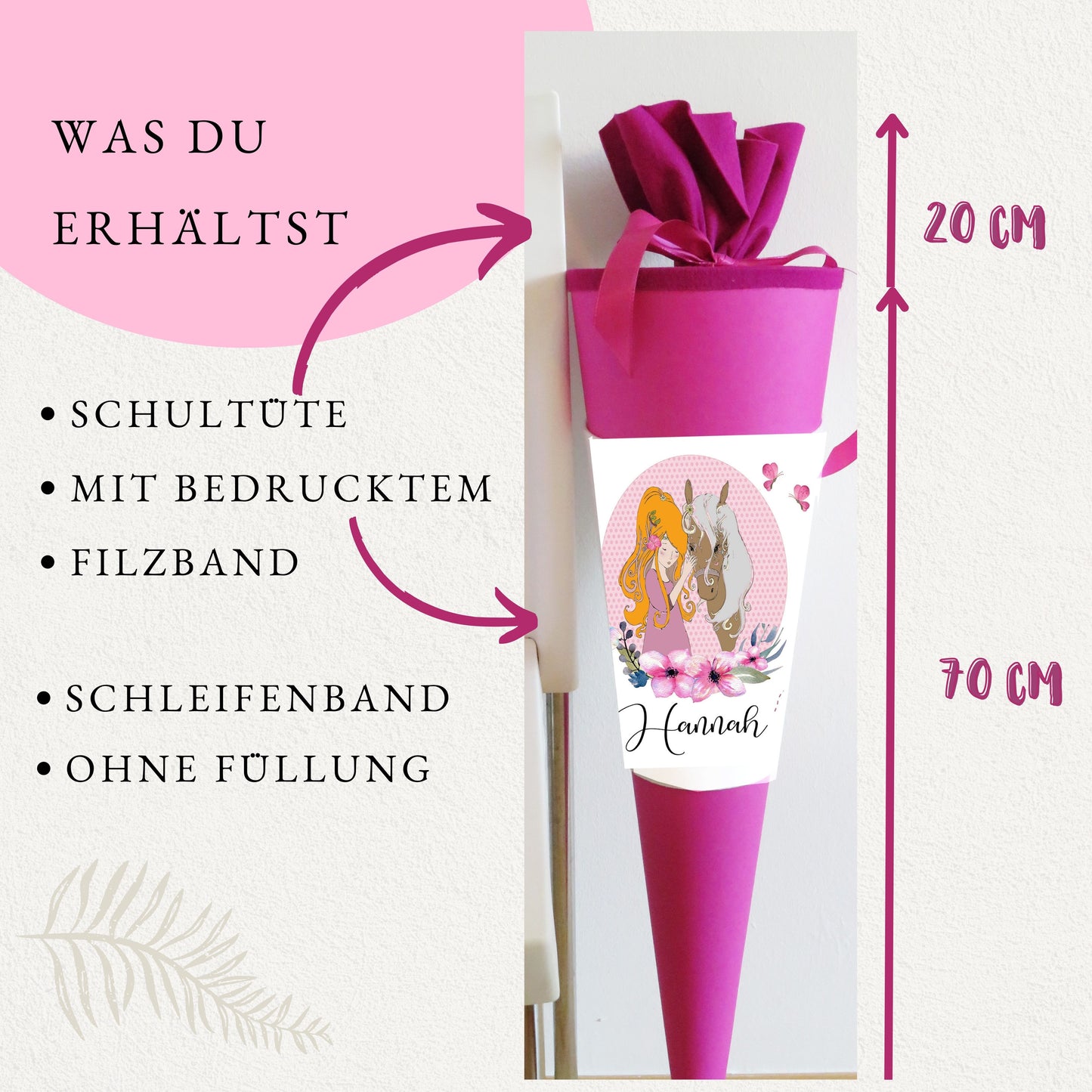 Schultüte für Mädchen personalisiert mit Namen/Pferde Motiv