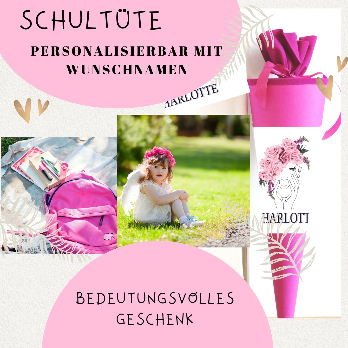 Schultüte für Mädchen personalisiert mit Namen - Deine Zuckertüte zur Einschulung - 70 cm groß pink - NEU