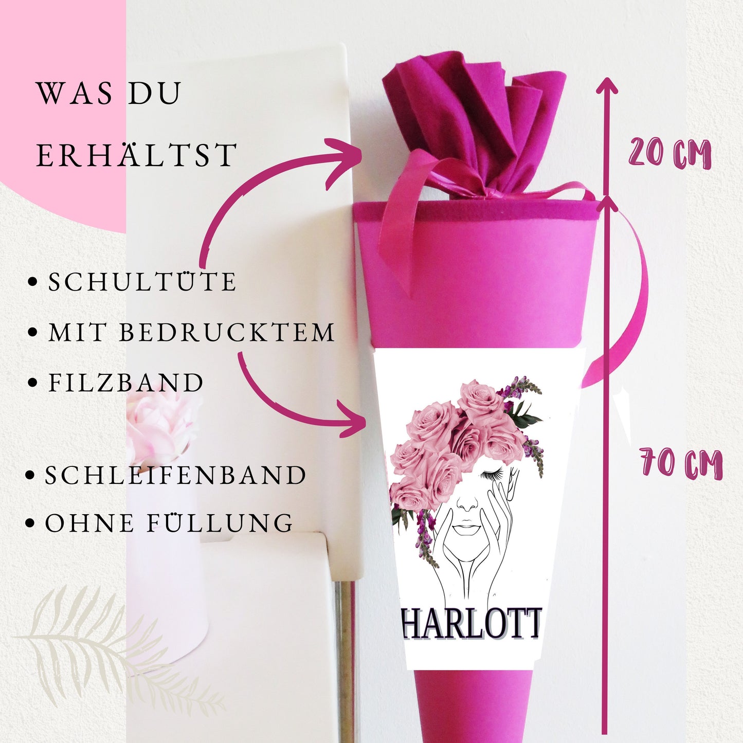 Schultüte für Mädchen personalisiert mit Namen - Deine Zuckertüte zur Einschulung - 70 cm groß pink - NEU