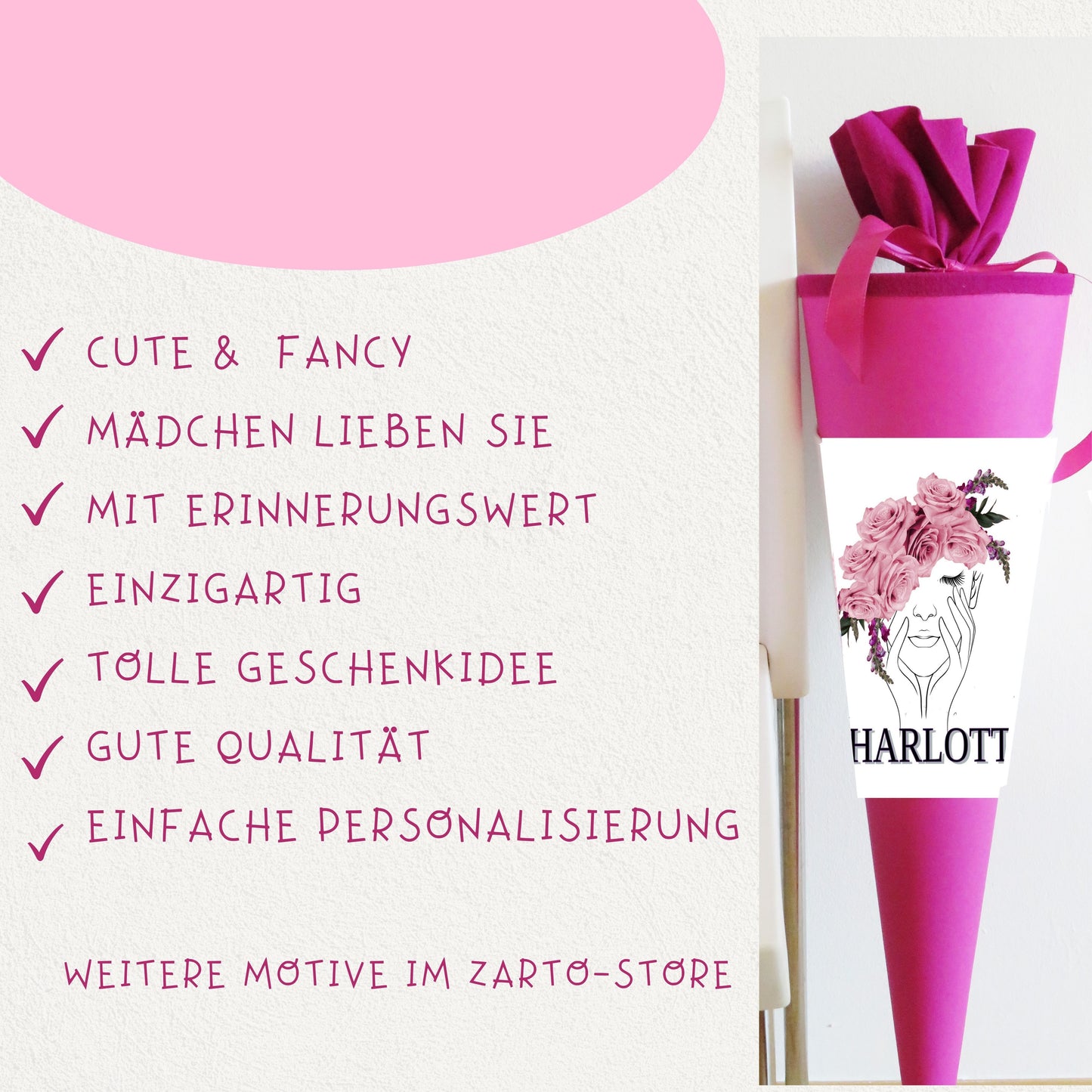 Schultüte für Mädchen personalisiert mit Namen - Deine Zuckertüte zur Einschulung - 70 cm groß pink - NEU