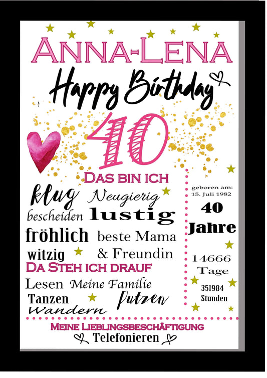 40 Geburtstag Frau Geschenk Bild - Geschenkidee mit Namen personalisiert