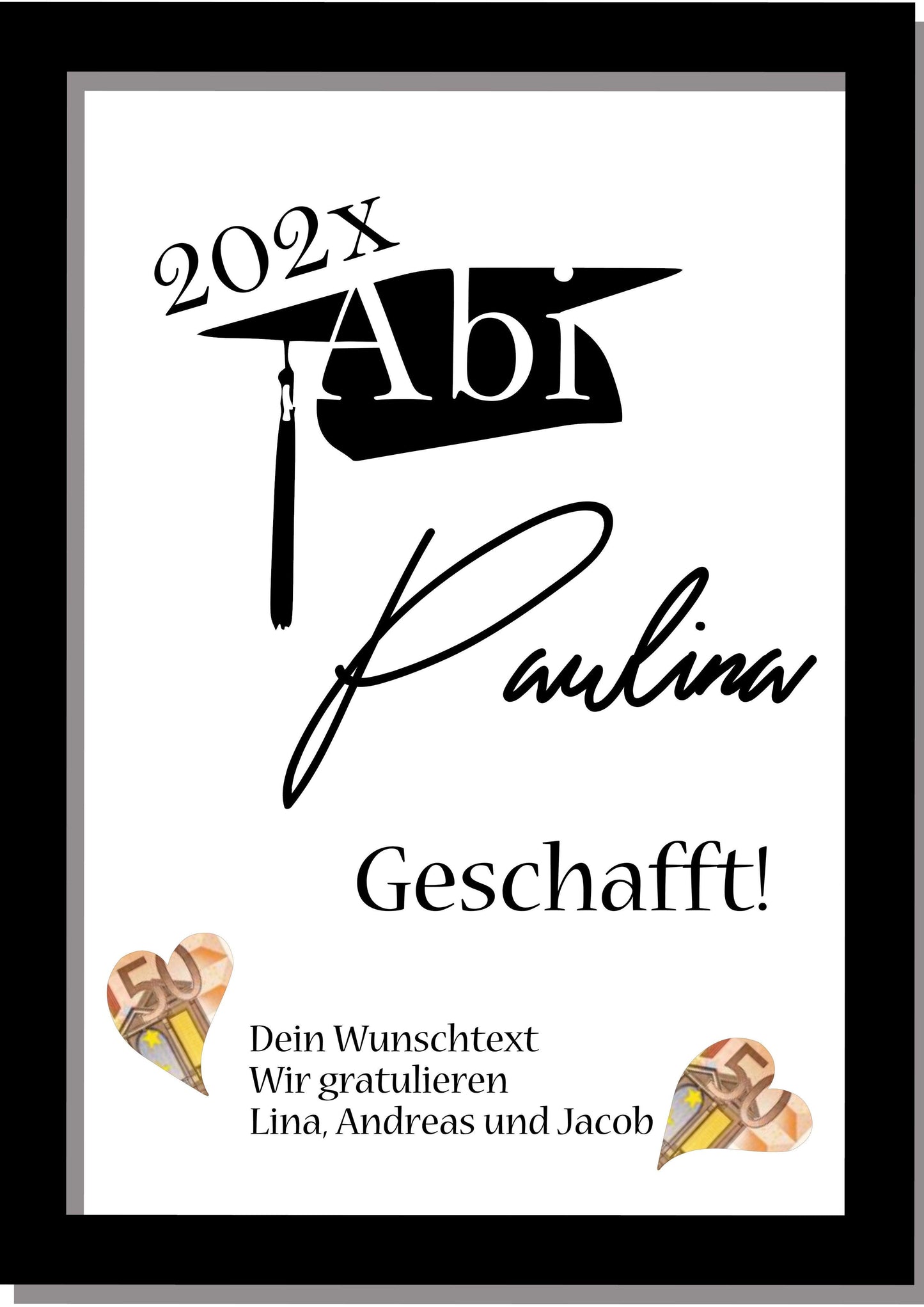 Geldgeschenk Abitur/Abi Jungen Mädchen 2024 - Bild personalisiert mit Namen und Wunschtext