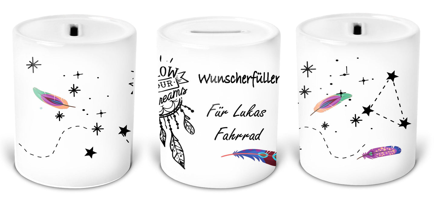 Spardose als Wunscherfüller für Kinder Teenager Jugendliche Jungen & Mädchen personalisiert mit Namen als Geld-Geschenk-Idee