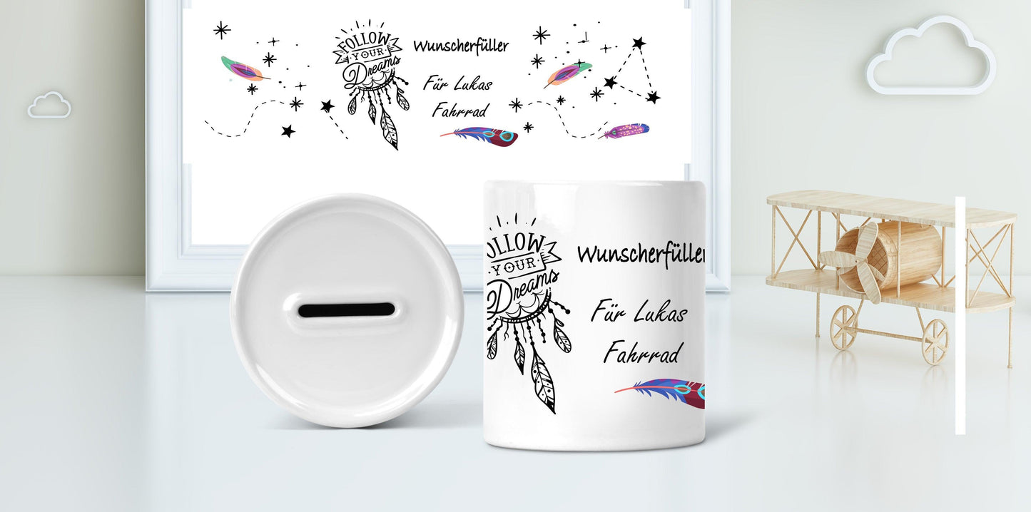 Spardose als Wunscherfüller für Kinder Teenager Jugendliche Jungen & Mädchen personalisiert mit Namen als Geld-Geschenk-Idee