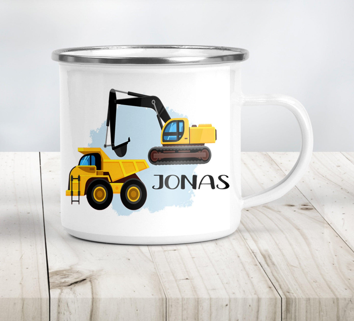 Emaille Tasse Kinder Jungen mit Bagger - Trinkbecher- Kindertasse mit Namen - Personalisierte Geschenke - Becher Kinder - Kinderbecher