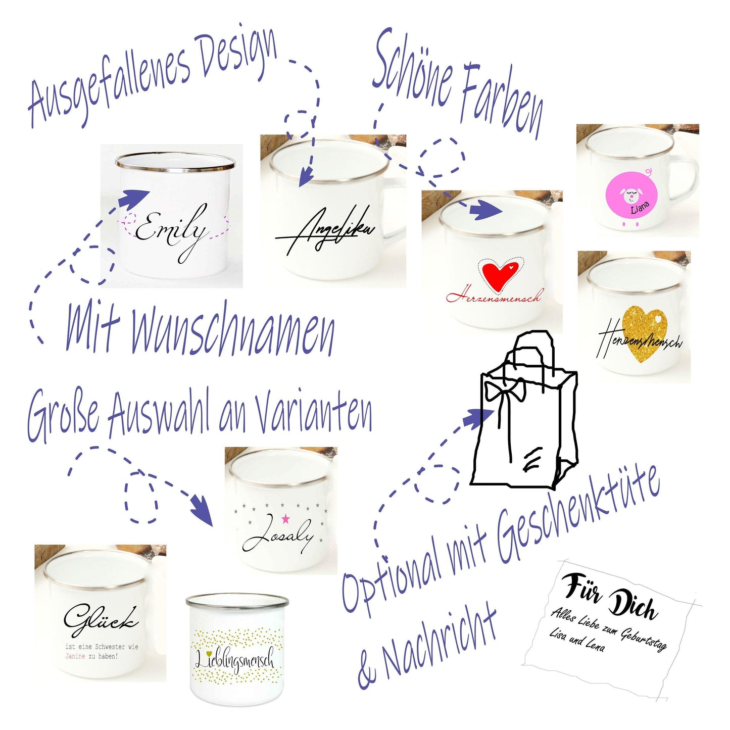 WEISSE EMAILLE-TASSE Geschenk Lieblingsmensch - Emaillebecher - Retrobecher Metallbecher - Büro-Kaffeetasse personalisiert -