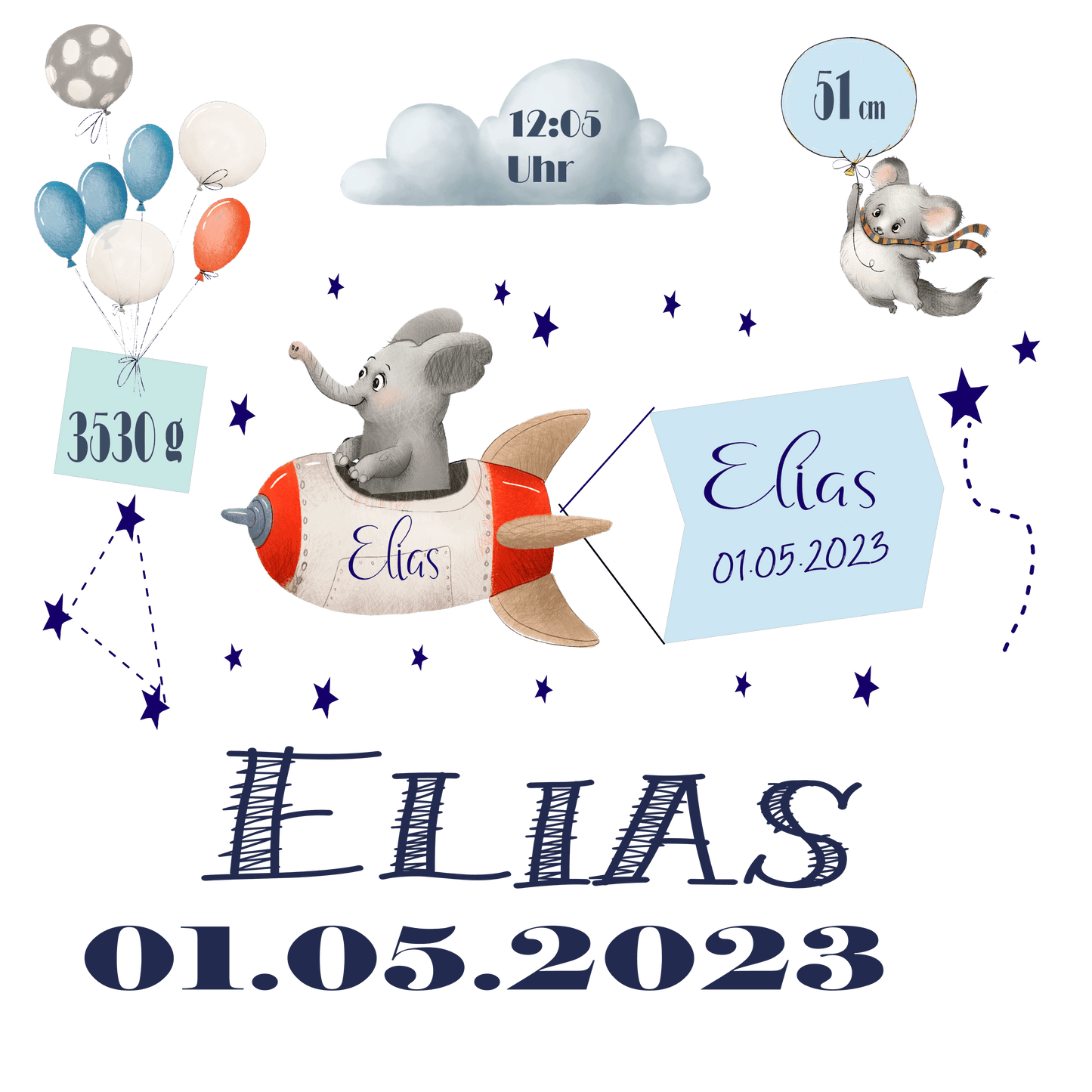 Geschenk zur Geburt mit Geburtsdaten personalisiert - Namenskissen & Spardose Junge