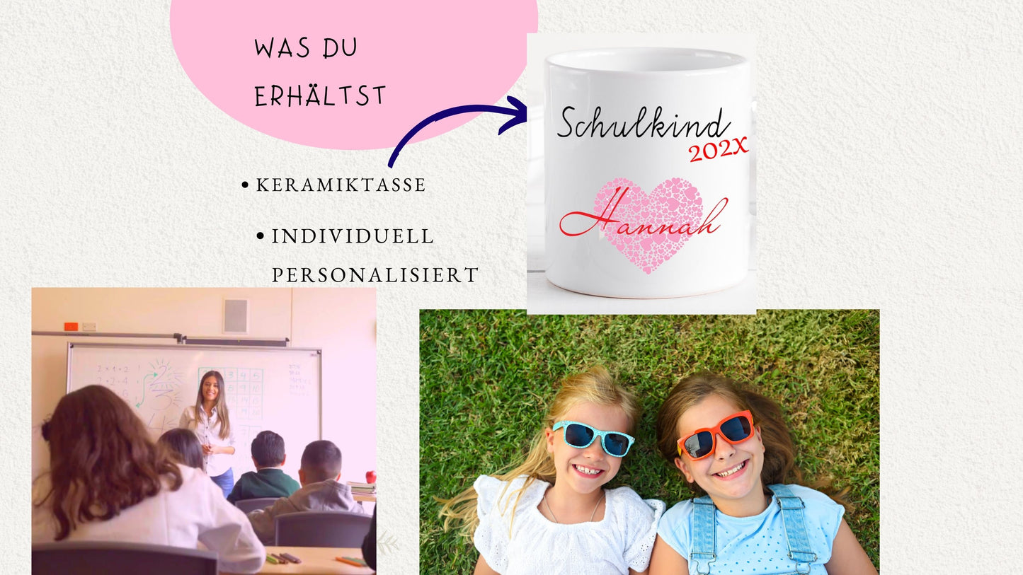 Schulkind 2025 - Geschenk Tasse Einschulung personalisiert für Mädchen - Namenstasse mit Wunschnamen