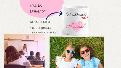 Schulkind 2025 - Geschenk Tasse Einschulung personalisiert für Mädchen - Namenstasse mit Wunschnamen