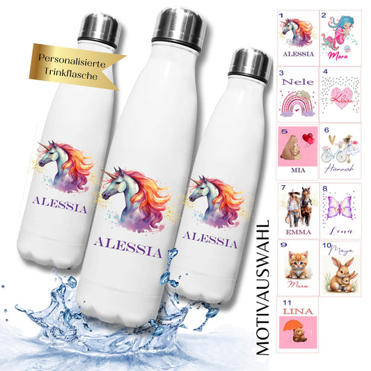 Personalisierte Trinkflasche mit Wunschmotiv – Geschenk zur Einschulung für Mädchen – Thermoflasche Kinder 500ml