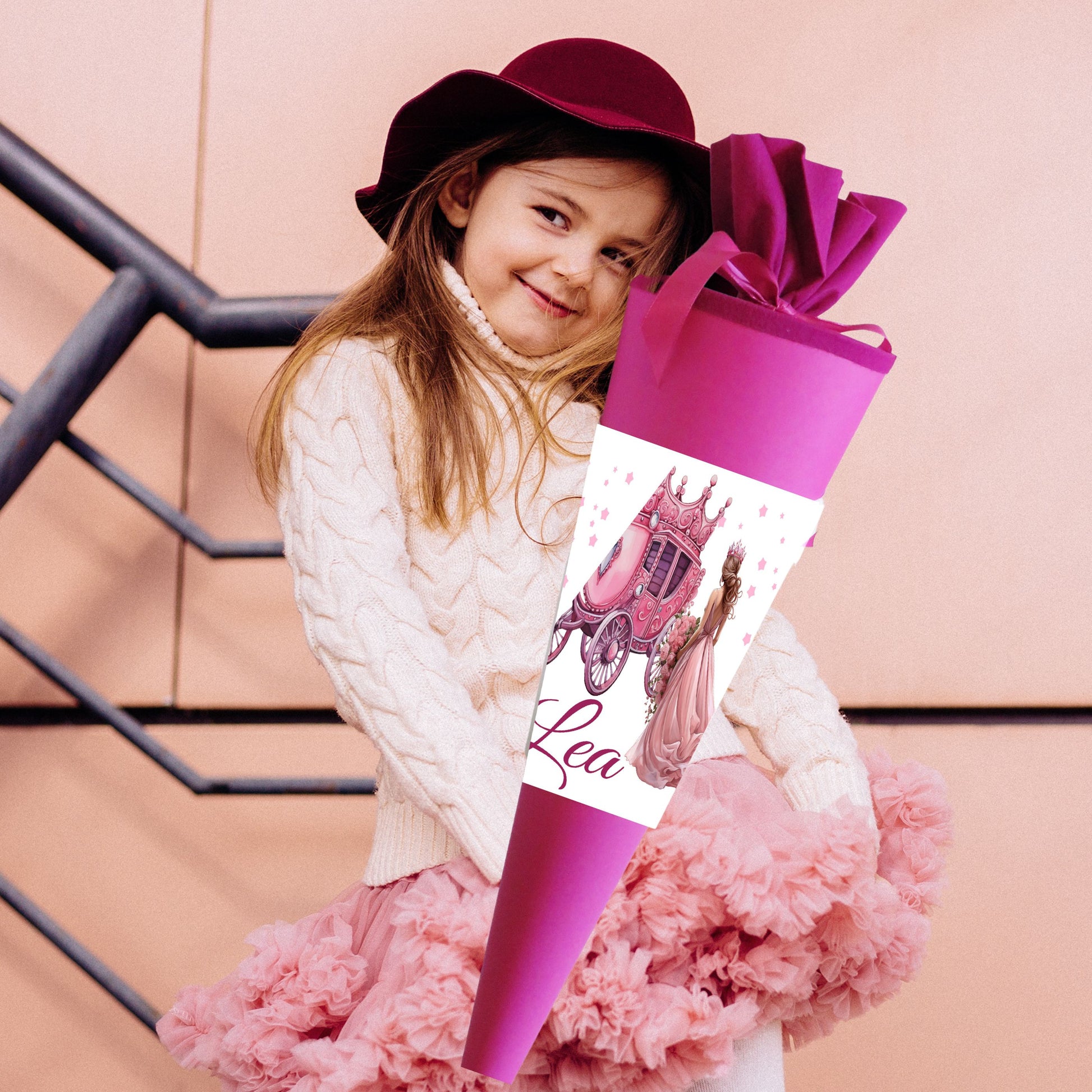 Schultüte für Mädchen personalisiert mit Namen - Prinzessin Motiv - Deine Zuckertüte als Geschenk zur Einschulung - Fertig 70 cm groß pink - NEU
