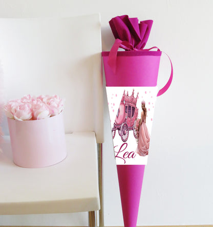 Schultüte für Mädchen personalisiert mit Namen - Prinzessin Motiv - Deine Zuckertüte als Geschenk zur Einschulung - Fertig 70 cm groß pink - NEU