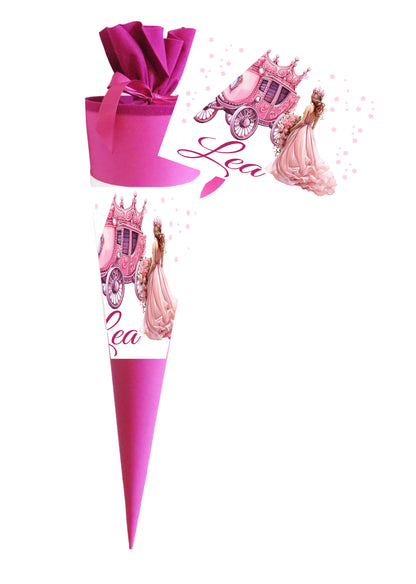 Schultüte für Mädchen personalisiert mit Namen - Prinzessin Motiv - Deine Zuckertüte als Geschenk zur Einschulung - Fertig 70 cm groß pink - NEU