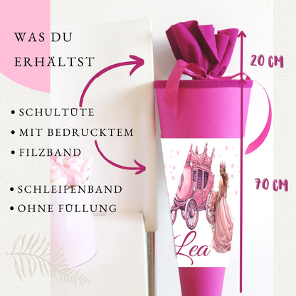 Schultüte für Mädchen personalisiert mit Namen - Prinzessin Motiv - Deine Zuckertüte als Geschenk zur Einschulung - Fertig 70 cm groß pink - NEU