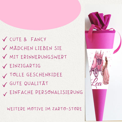 Schultüte für Mädchen personalisiert mit Namen - Prinzessin Motiv - Deine Zuckertüte als Geschenk zur Einschulung - Fertig 70 cm groß pink - NEU