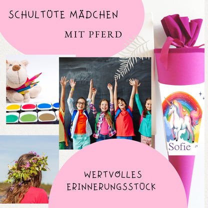 Schultüte für Mädchen mit Einhorn/Regenbogen personalisiert mit Namen - 70 cm groß pink - NEU
