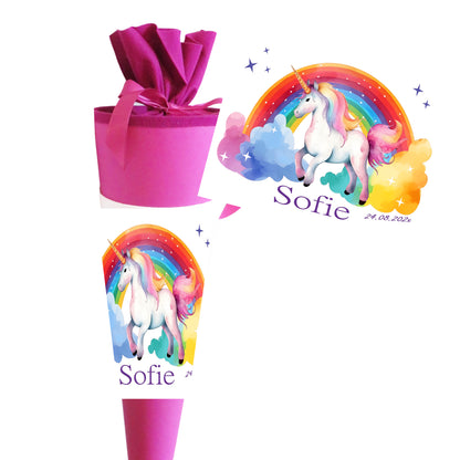 Schultüte für Mädchen mit Einhorn/Regenbogen personalisiert mit Namen - 70 cm groß pink - NEU