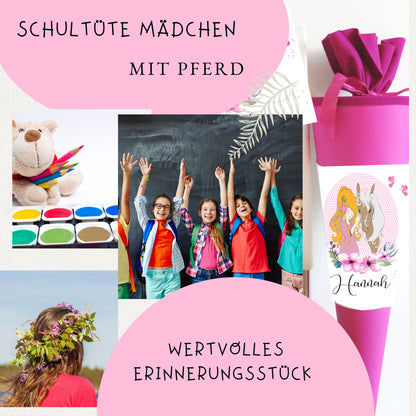 Schultüte für Mädchen personalisiert mit Namen/Pferde Motiv