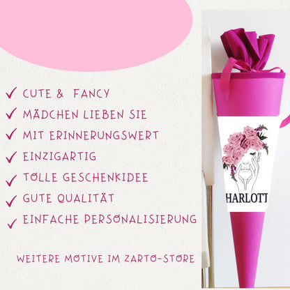 Schultüte für Mädchen personalisiert mit Namen - Deine Zuckertüte zur Einschulung - 70 cm groß pink - NEU