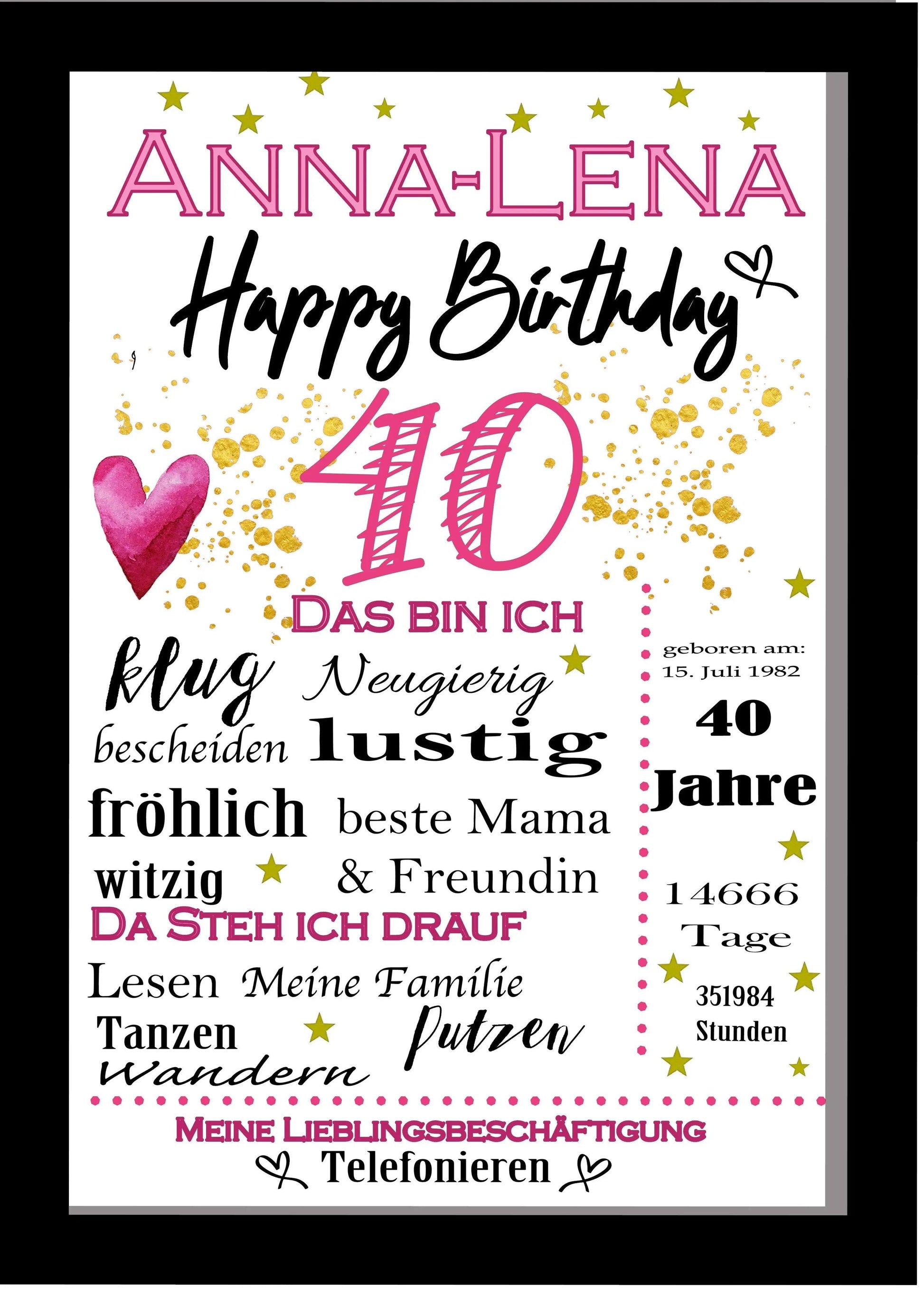 40 Geburtstag Frau Geschenk Bild - Geschenkidee mit Namen personalisiert Zarto