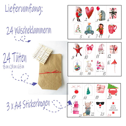 Adventskalender Tüten zum Befüllen für Mädchen mit Zahlen-Stickern zarto