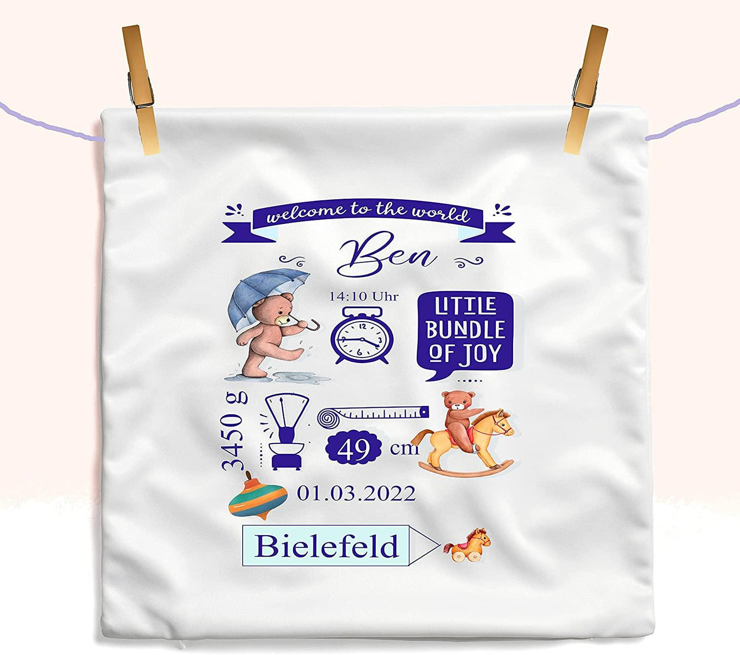 Babygeschenk Taufgeschenk - Geschenk Geburt Taufe Baby Namenskissen-Bezug für Junge mit Geburtsdaten personalisiert Zarto