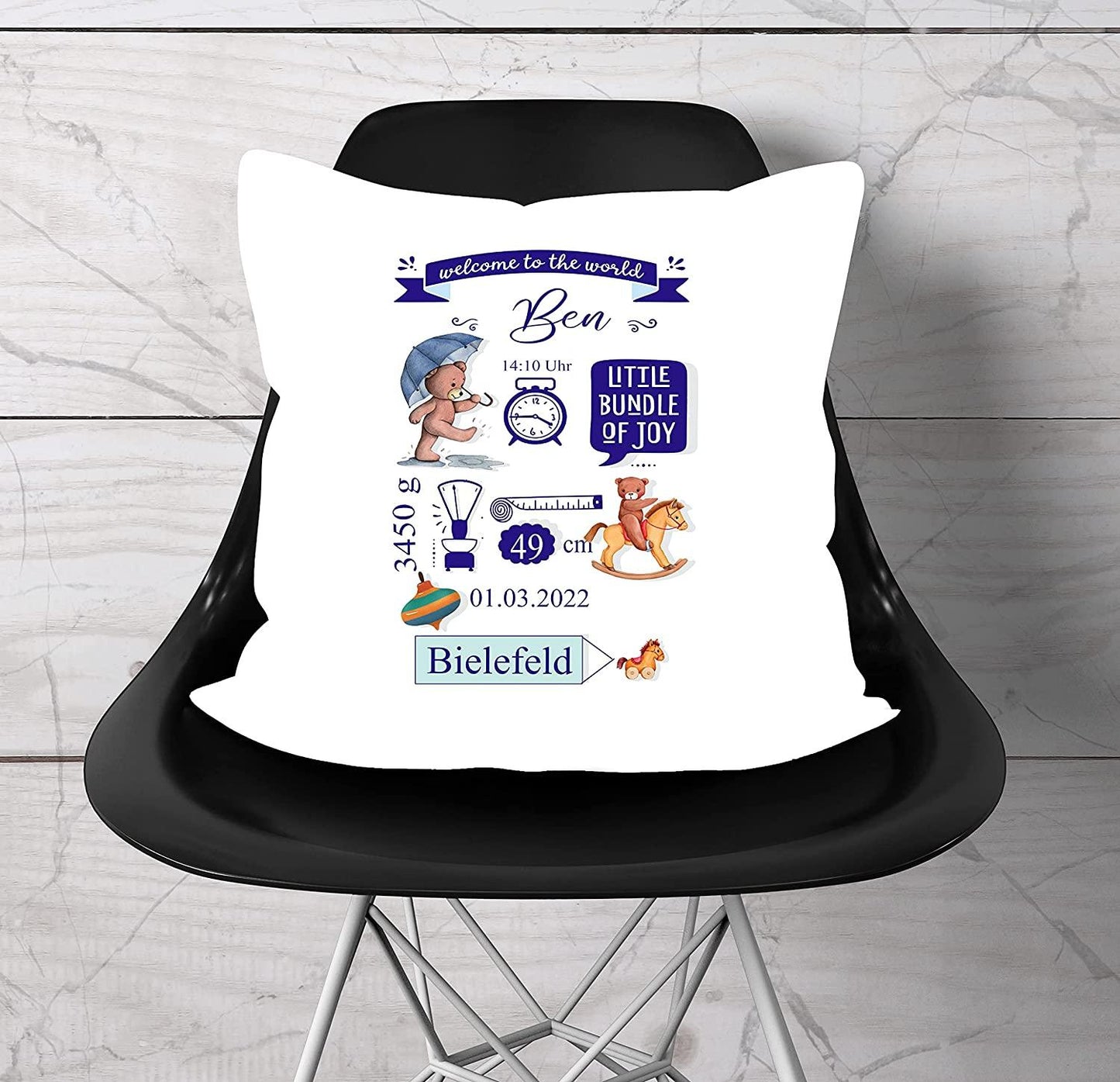 Babygeschenk Taufgeschenk - Geschenk Geburt Taufe Baby Namenskissen-Bezug für Junge mit Geburtsdaten personalisiert Zarto