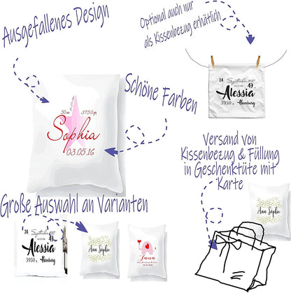 Babygeschenk Taufgeschenk - Geschenk Geburt Taufe Baby Namenskissen-Bezug für Junge mit Geburtsdaten personalisiert Zarto